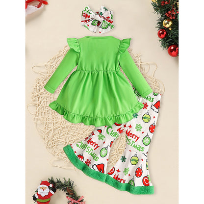 US Local Toddler Baby Girls Christmas Clothes Ruffle Long Sleeve Heart Print Tops Dress Christmas Ball Print Flared Pants With Headband Outfits Set