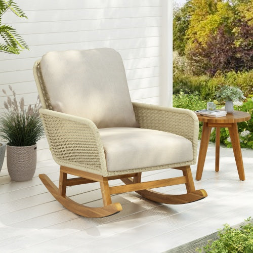US Local Contemporary Minimalist Ivory Wicker Rocking Chair With Soft Polyester Cushions And Durable Wooden Frame, Perfect For Indoor And Outdoor Spaces Like Patio, Balcony, Or Living Room