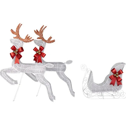 US Local 3-Piece Lighted Set Of 2 Reindeer & Sleigh, Weather Proof Christmas Outdoor Decorations With Pre-lit 270 LED White Lights And Stakes For Xmas Outdoor Holiday Indoor Decor Lighted Holiday Displays, Whi