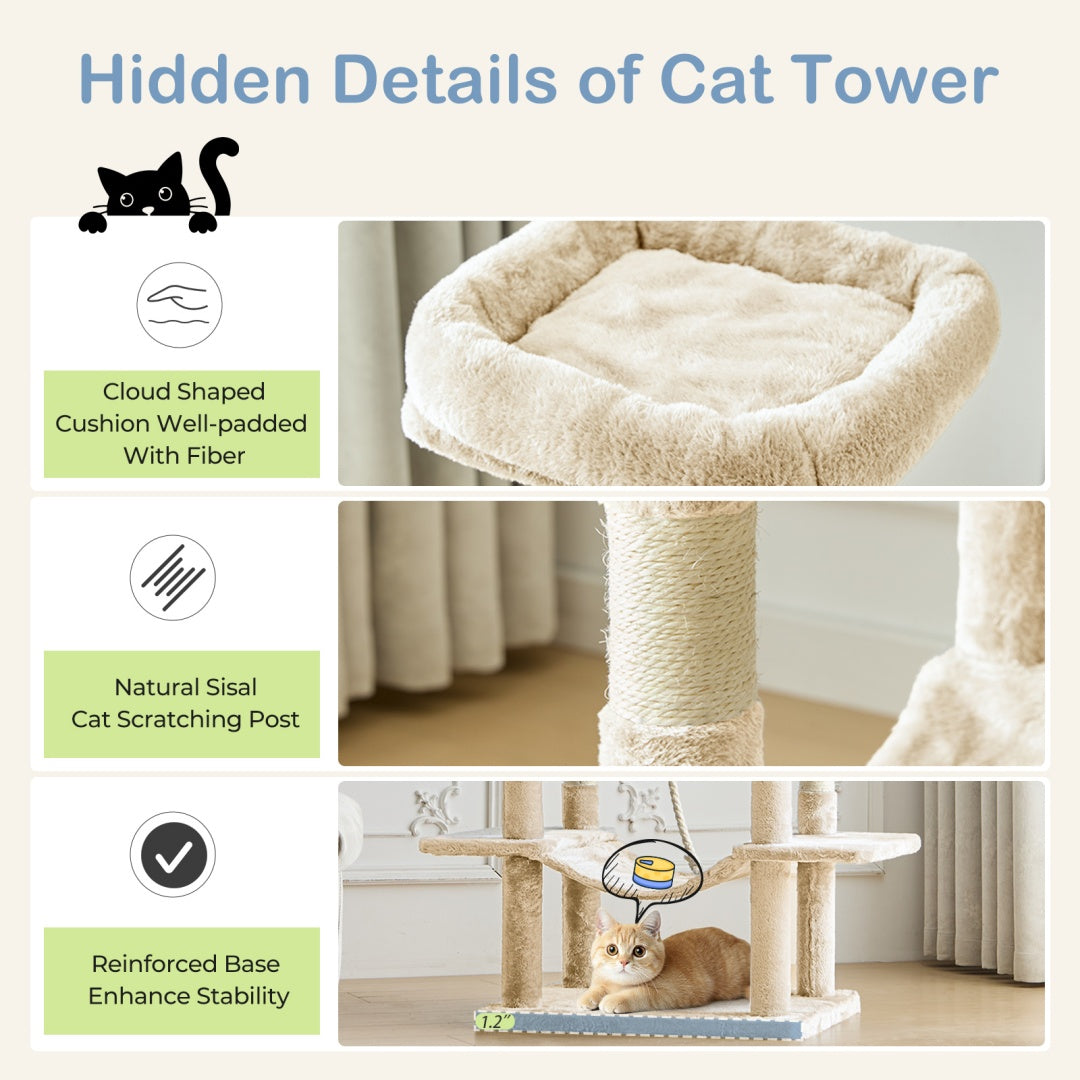 US Local 66 Inch Cat Tree Tower, Large Multi-Cat Climbing Extended Platform, Hammock, Pet House For Indoor Cats And Kittens Play