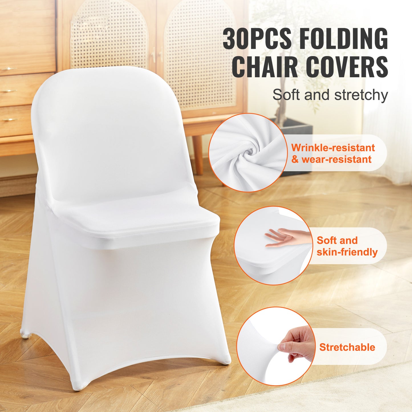 US Local VEVOR White Stretch Spandex Chair Covers - 30 PCS, Folding Kitchen Chairs Cover, Universal Washable Slipcovers Protector, Removable Chair Seat Covers, For Wedding Party Dining Room Banquet Event