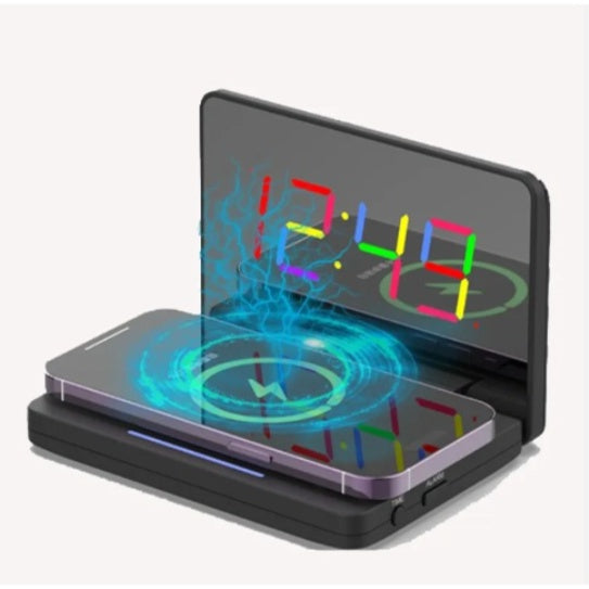 US Local Mirror Digital Alarm Clock Desktop Foldable Wireless Charger Selling Electronic Mirror LED Alarm Clock
