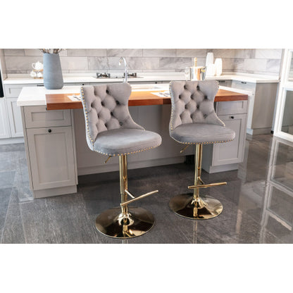 US Local Golden Swivel Velvet Barstools Adjusatble Seat Height From 25-33 Inch Gray,Set Of 2
