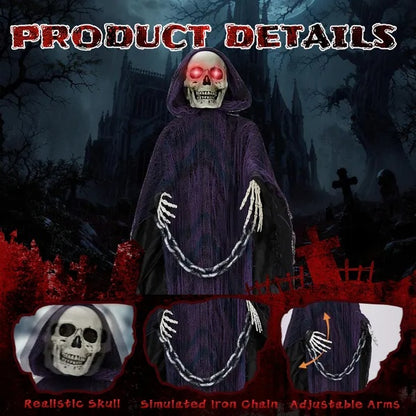 US Local 6ft Halloween Decorations Outdoor Life Size Animatronics Grim Reaper With Chain, Sound-Actived Party Decor With Creepy Sound , Scary Haunted House Props For Garden Yard Lawn