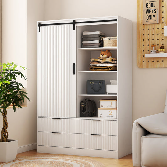 US Local Tall Bedroom Armoire Wardrobe Closet Clothing Storage Cabinet With Hanging Rod Barn Door Drawers Open Shelves,White