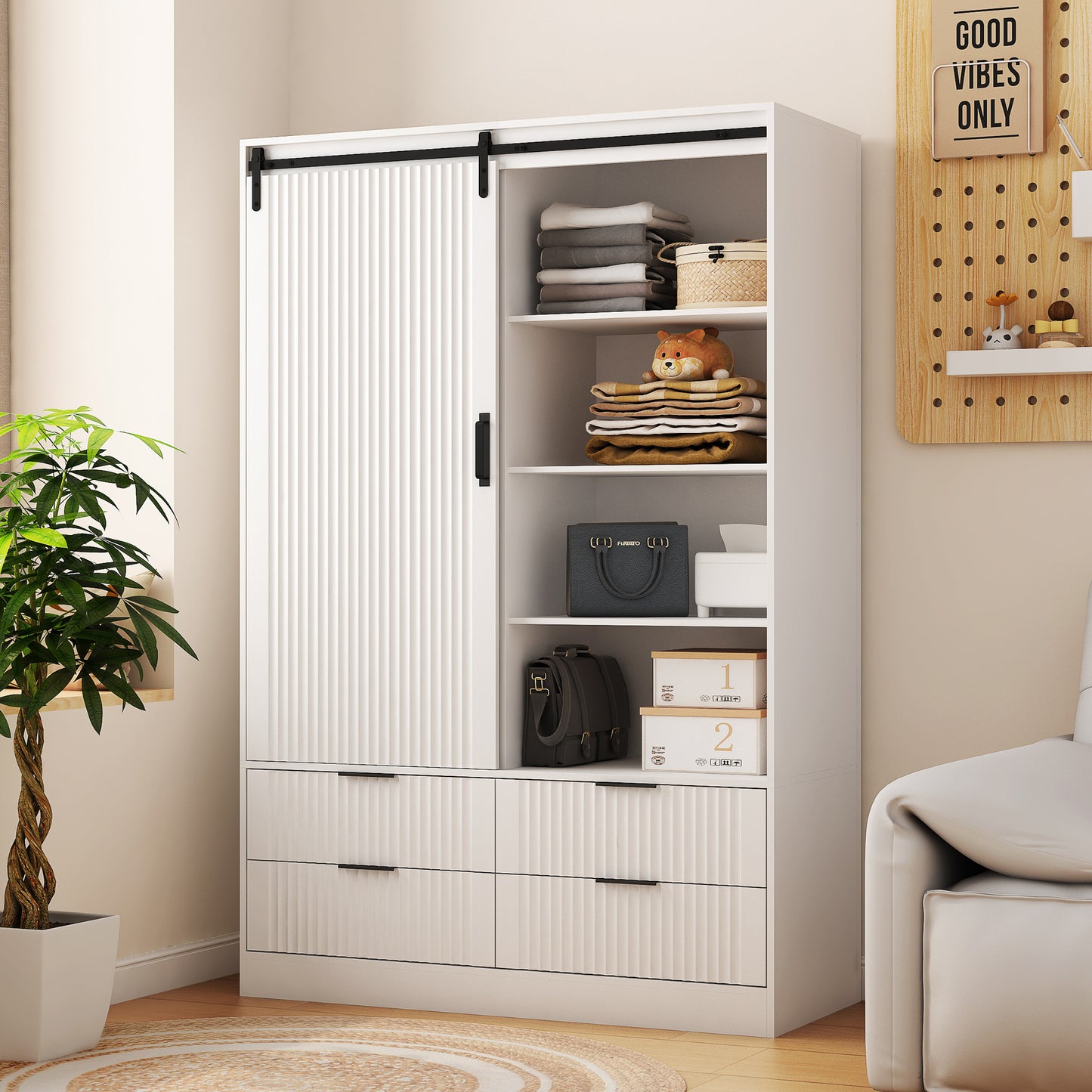 US Local Tall Bedroom Armoire Wardrobe Closet Clothing Storage Cabinet With Hanging Rod Barn Door Drawers Open Shelves,White