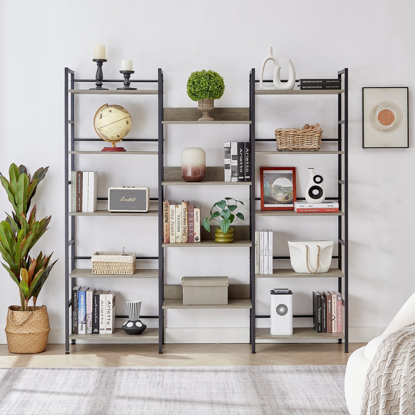 US Local Triple Wide 5-Shelf Industrial Retro Bookshelves For Home & Office