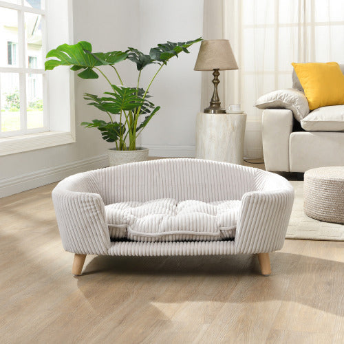 US Local Elevated Dog Bed Frame For Small Dog, Corduroy Pet Couch Bed With Rubber Wood Legs And Supportive Foam, Beige, Easy Assembly