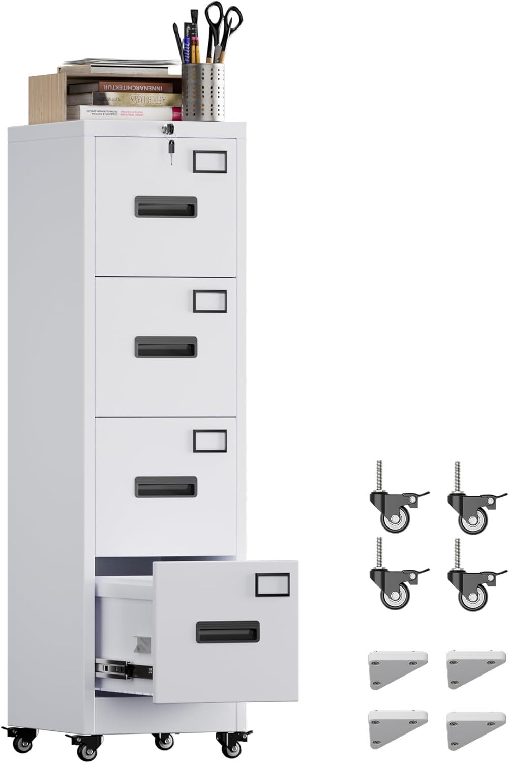 US Local METAN 4 Drawer Vertical File Cabinet On Wheels, Lockable Office Files Storage Cabinet With Handle And Name Card,Mobile Storage Cabinet For Office And Home,Assembly Required,White
