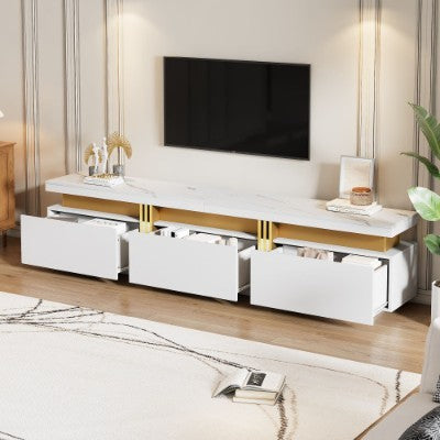 UK Local Luxury TV Stand With Faux Marble Top, TV Cabinet Golden Panel Design, And 3 Drawers For Televisions Up To 89'', Rectangle Media Console, Practical Entertainment Center For Living Room, White