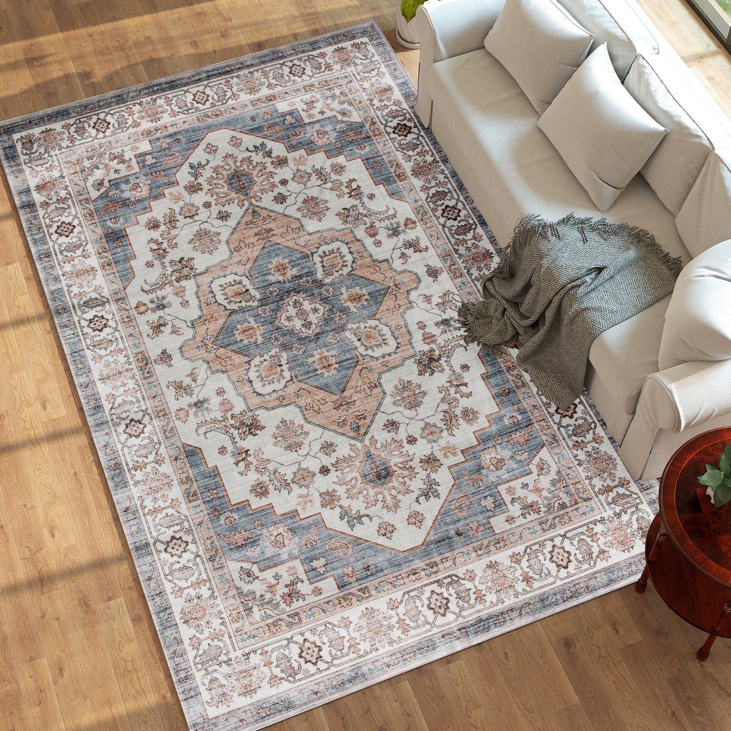 8x10 Area Rug, Vintage Machine Washable Rug, Non-Slip Carpet For Living Room, Bedroom, Dining Room, Brown & Light Blue