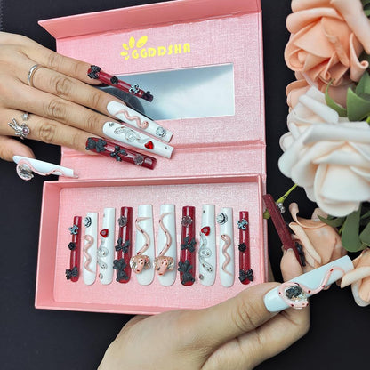 US Local GGddsha Long Handmade PMMA Acrylic Press On Nails WithRhinestone Snake Rose Design, Dark Bear Nails,Reusable Fake Nails W Box, Gift For Women,Scarlet Serpentine