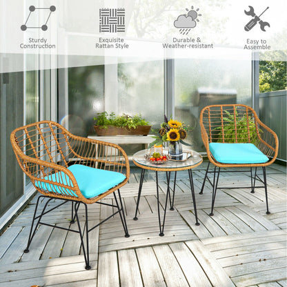 US Local 3 Pieces Rattan Furniture Set With Cushioned Chair Table