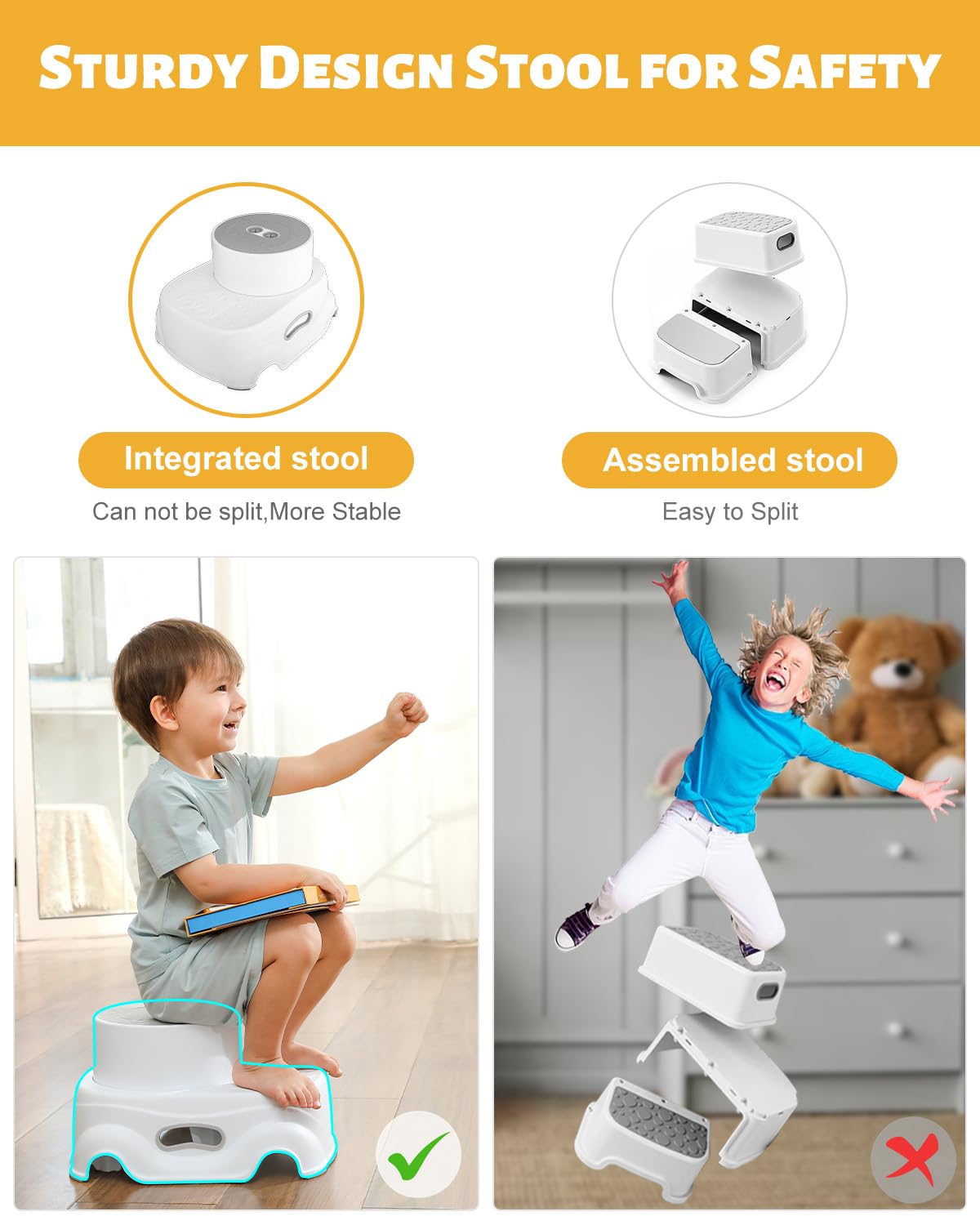 US Local Padded 2-Step Step Stool, 2-Step Footstool - Step Stool Non-slip, Portable, Space-saving Design For Bathroom, Kitchen, Bedroom, Classroom - Easy To Clean, Sturdy And Comfortable