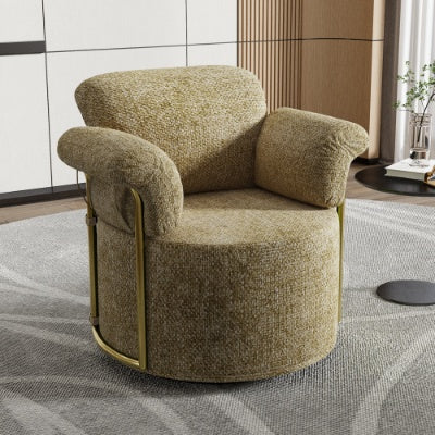 US Local 360 Degree Barrel Swivel Accent Sofa Chair,Fluffy Fabric Lounge Wide Upholstered Reading Chair With Gold Metal Legs, Comfortable Round Armchair For Living Room,Bedroom,Office