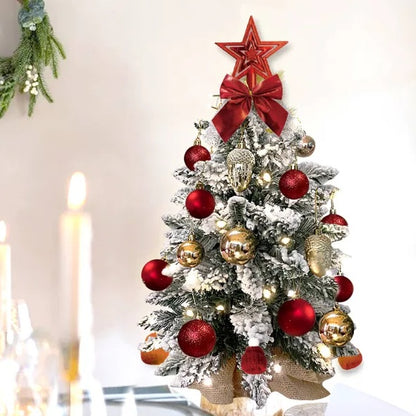 US Local 22in Tabletop Christmas Tree With Light Artificial Small Mini Red Christmas Decoration With Flocked Snow, Exquisite Decor & Xmas Ornaments For Table Top For Home & Office, Red