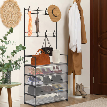 US Local 1Pc 5Tier Dustproof Entryway Hall Tree Coat Rack Shoe Rack With 8 Removable Hooks Freestanding Shoe Storage Shelf Hat Clothes Organizer For Front Door Bedroom Entryway