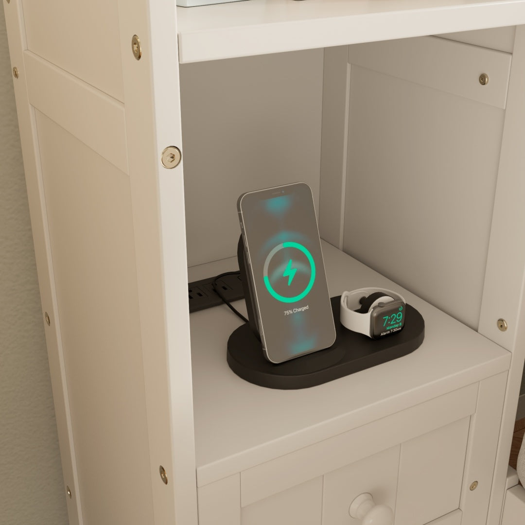 US Local Queen Size Pine Wood Platform Bed With All-In-One 2 Nightstand, Storage Shelf And Cabinet Bookcase With 2 Charging Stations, Multi-Functional Captain Bed Frame With 3 Drawers, No Box Spring Needed