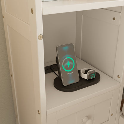 US Local Queen Size Pine Wood Platform Bed With All-In-One 2 Nightstand, Storage Shelf And Cabinet Bookcase With 2 Charging Stations, Multi-Functional Captain Bed Frame With 3 Drawers, No Box Spring Needed