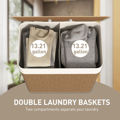 US Local Double Laundry Basket With Lid, 26.4 Gallon Bamboo Laundry Hamper With Rope Handles And Removable Liner, Brown