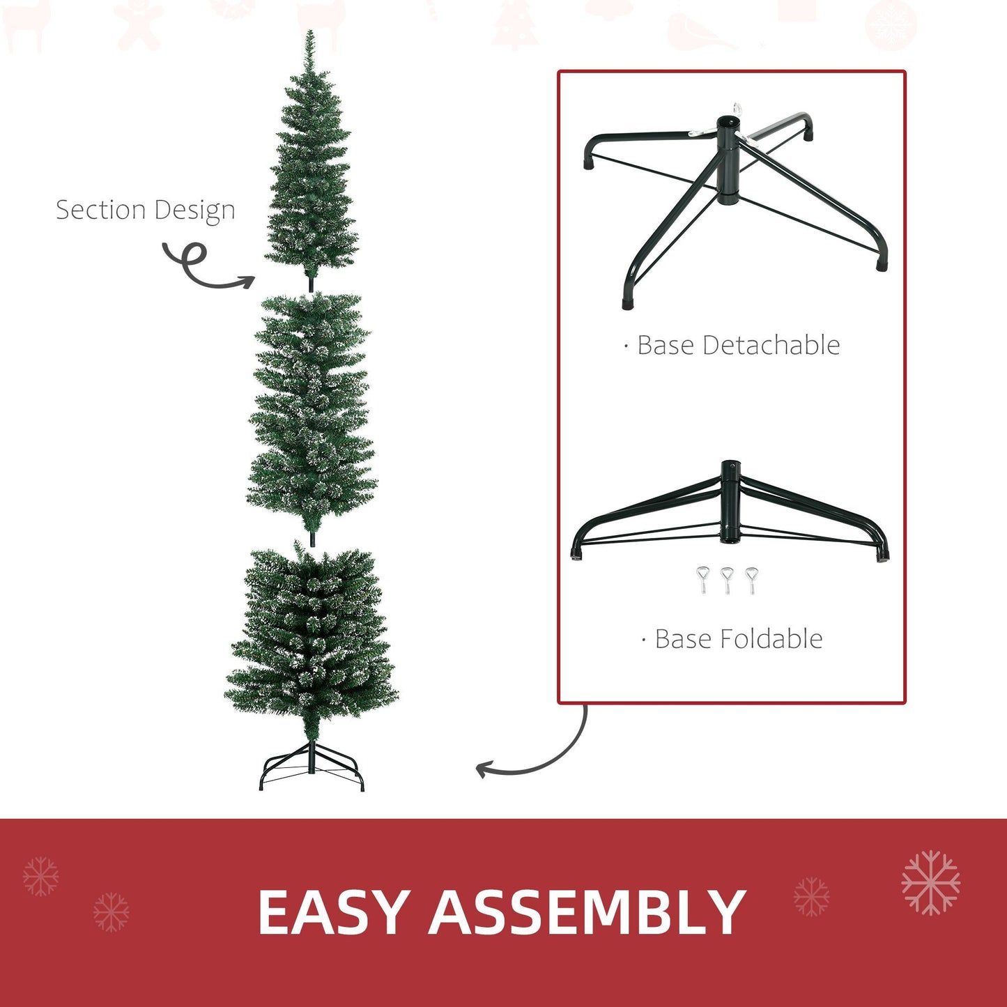 CA Local 7.5 ft Artificial Snow Dipped Christmas Tree Xmas Pencil Tree Holiday Home Indoor Decoration With Foldable Black Stand, Green