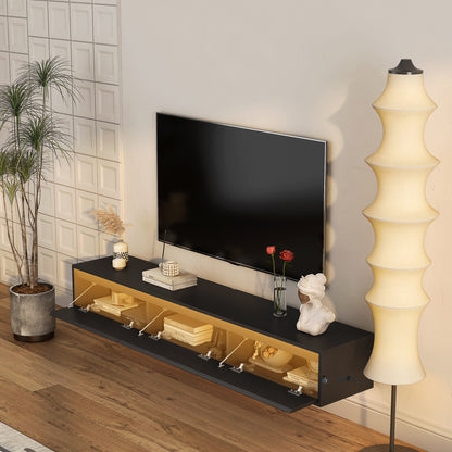 US Local Floating TV Stand, Wall Mounted TV Shelf With Led Lights & Power Outlet,High Gloss TV Cabinet For Black Tv Stands For Living Room