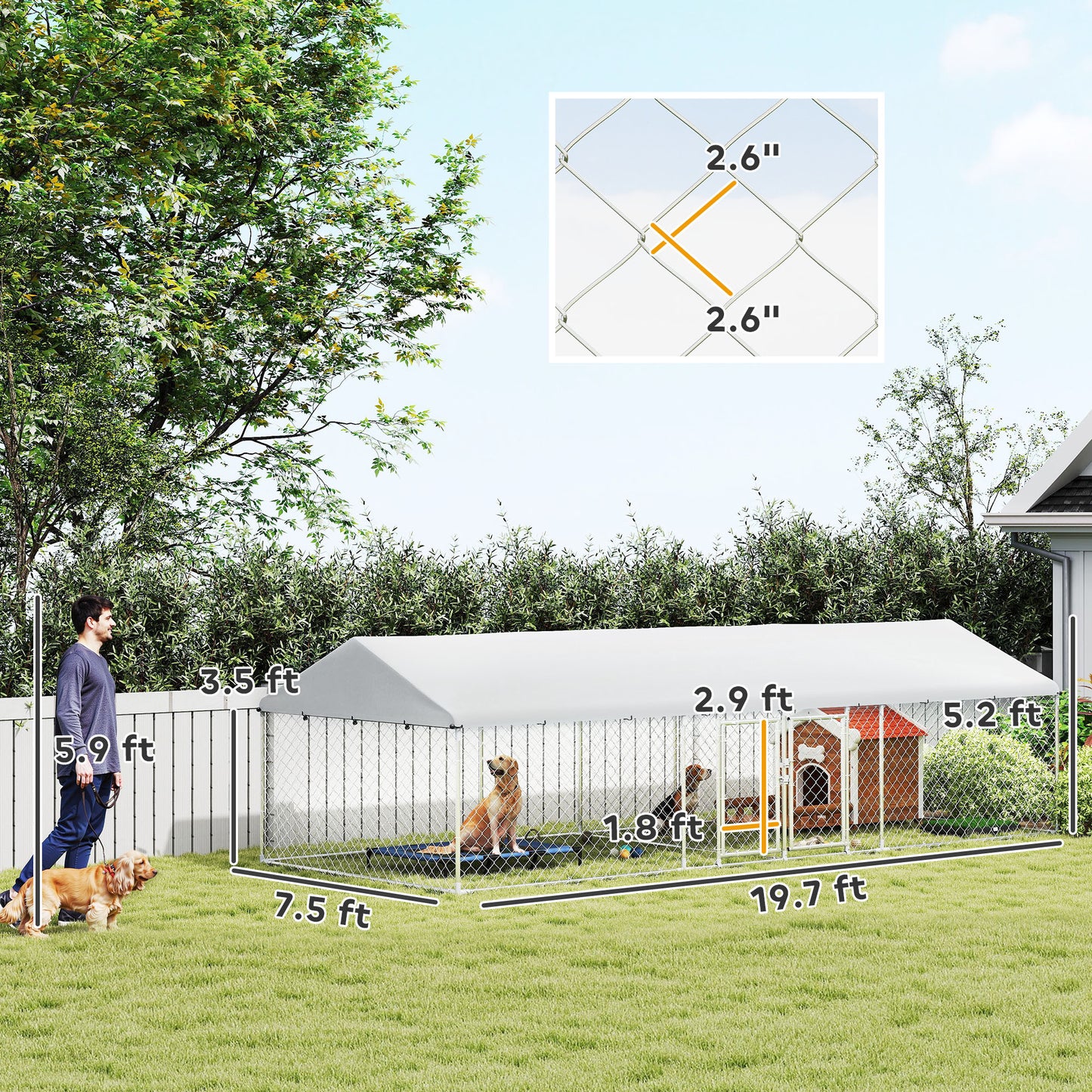 US Local Two Room Outdoor Dog Kennel, Dog Run With Roof, Waterproof UV-Resistant Cover, Secure Lock, 19.7 X 7.5 X 5.2