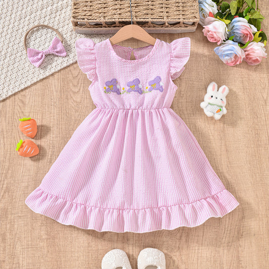 US Local Toddler Girl's Bunny Embroidered Dress, Round Neck Short Sleeve A-Line Dress With Back Button Closure