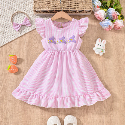 US Local Toddler Girl's Bunny Embroidered Dress, Round Neck Short Sleeve A-Line Dress With Back Button Closure