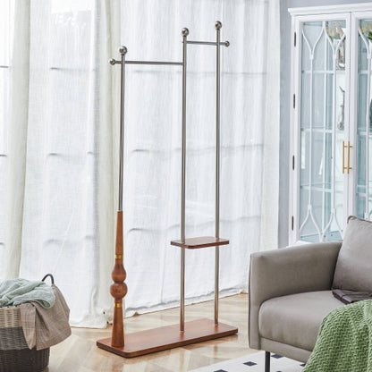 US Local 70  Industrial Coat Rack, Solid Wood & Silver Stainless Steel Clothing Rack, Double Layer Hanger For Coats, Hats, Bags, Shoes, Vintage Wood Grain  34.6  Wide