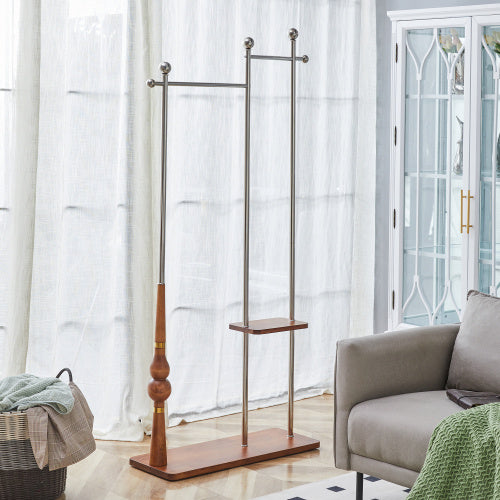 US Local 70  Industrial Coat Rack, Solid Wood & Silver Stainless Steel Clothing Rack, Double Layer Hanger For Coats, Hats, Bags, Shoes, Vintage Wood Grain  34.6  Wide