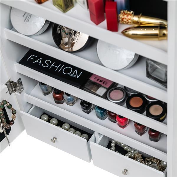 US Local Non Full Mirror Wooden Wall Mounted 4-layer Shelf With 2 Drawers And 8 Blue LED Lights For Jewelry Storage, White Mirror Cabinet