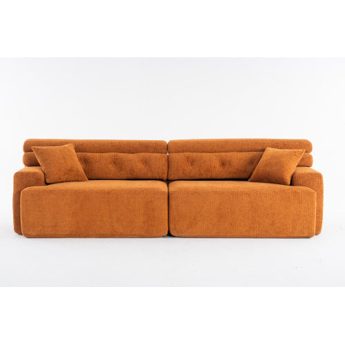 US Local LY-029 ORANGE COMPRESSION SOFA 4-seater Combined Sofa, Wood Grain Chenille Fabric, Full Sponge Compression Sofa,combined Sofa With 2 Pillows For Living  Home Furniture  Apartment