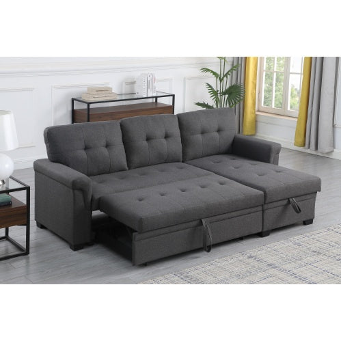 US Local Dark Gray Linen Reversible Sleeper Sectional Sofa With Storage Chaise