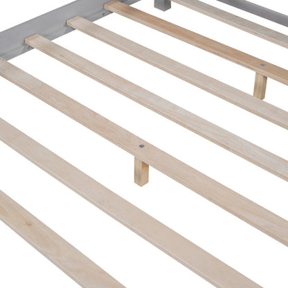 US Local Wood Full Size Platform Bed With Built-in LED Light, Storage Headboard And Guardrail, Antique Grey