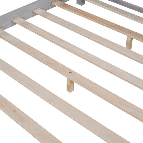 US Local Wood Full Size Platform Bed With Built-in LED Light, Storage Headboard And Guardrail, Antique Grey