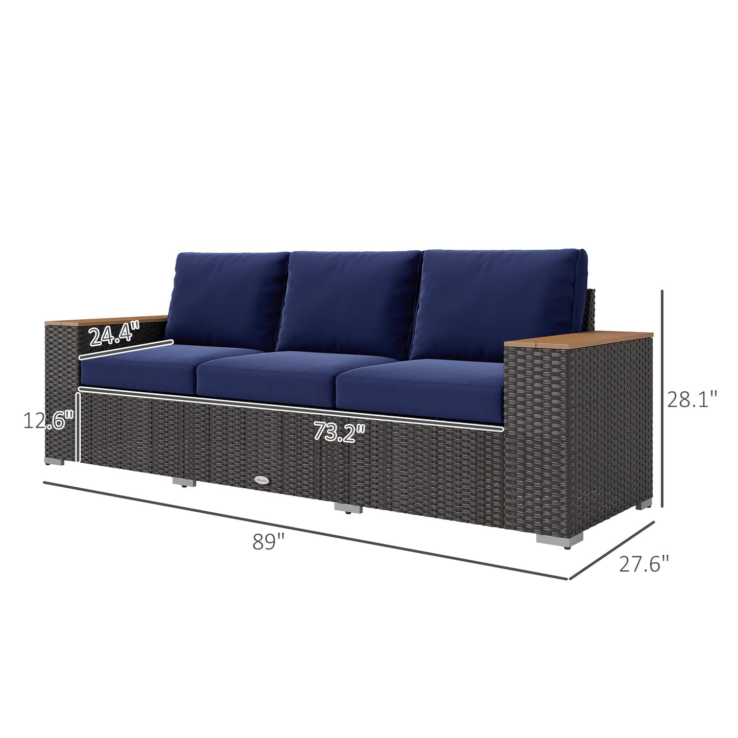 US Local 3-Seat Outdoor Patio Sofa With Cushions, PE Rattan Wicker Sofa With Wide Armrests, Outdoor Wicker Couch, Navy Blue