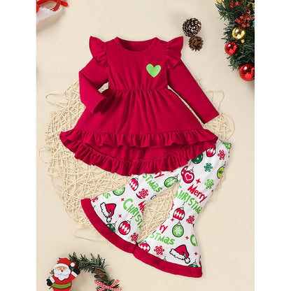 US Local Toddler Baby Girls Christmas Clothes Ruffle Long Sleeve Heart Print Tops Dress Christmas Ball Print Flared Pants With Headband Outfits Set