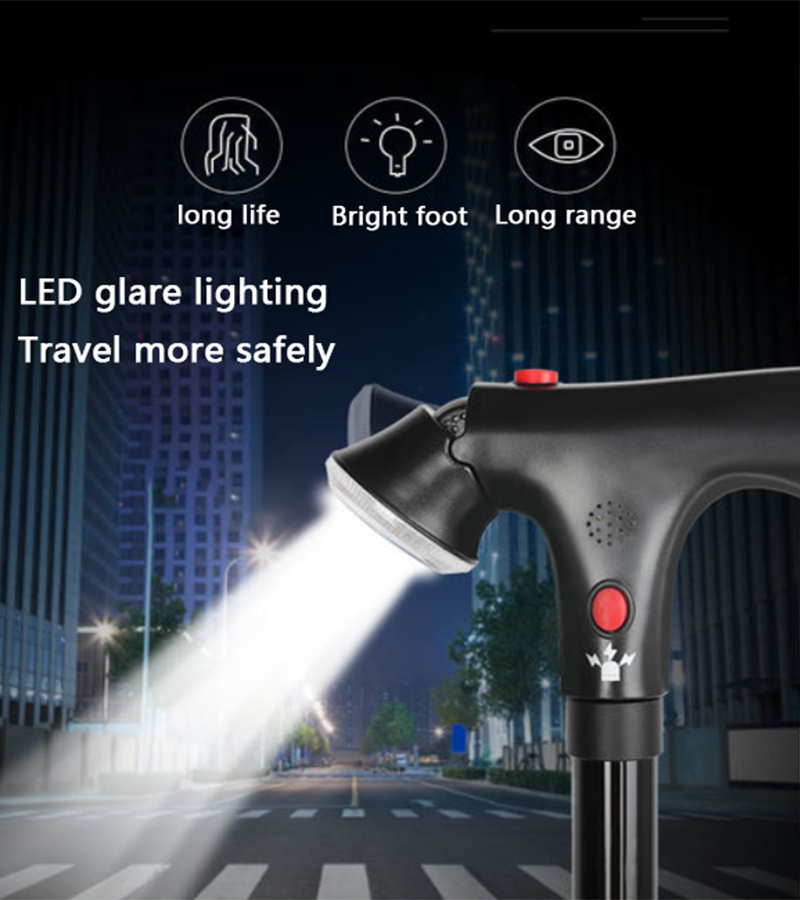 UK Local Adjustable Walking Stick Cane With LED Flashlight SOS Alarm Button For Senior Travel Hiking Trekking Pole Folding Crutch Handle Strap 5 Gears