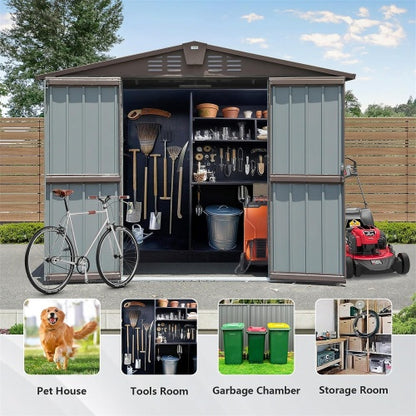 US Local Outdoor Storage Shed 8.2' X 6.2', Metal Steel Utility Tool Shed Storage House With Double Lockable Doors &Air Vents For Backyard Patio Garden Lawn Brown