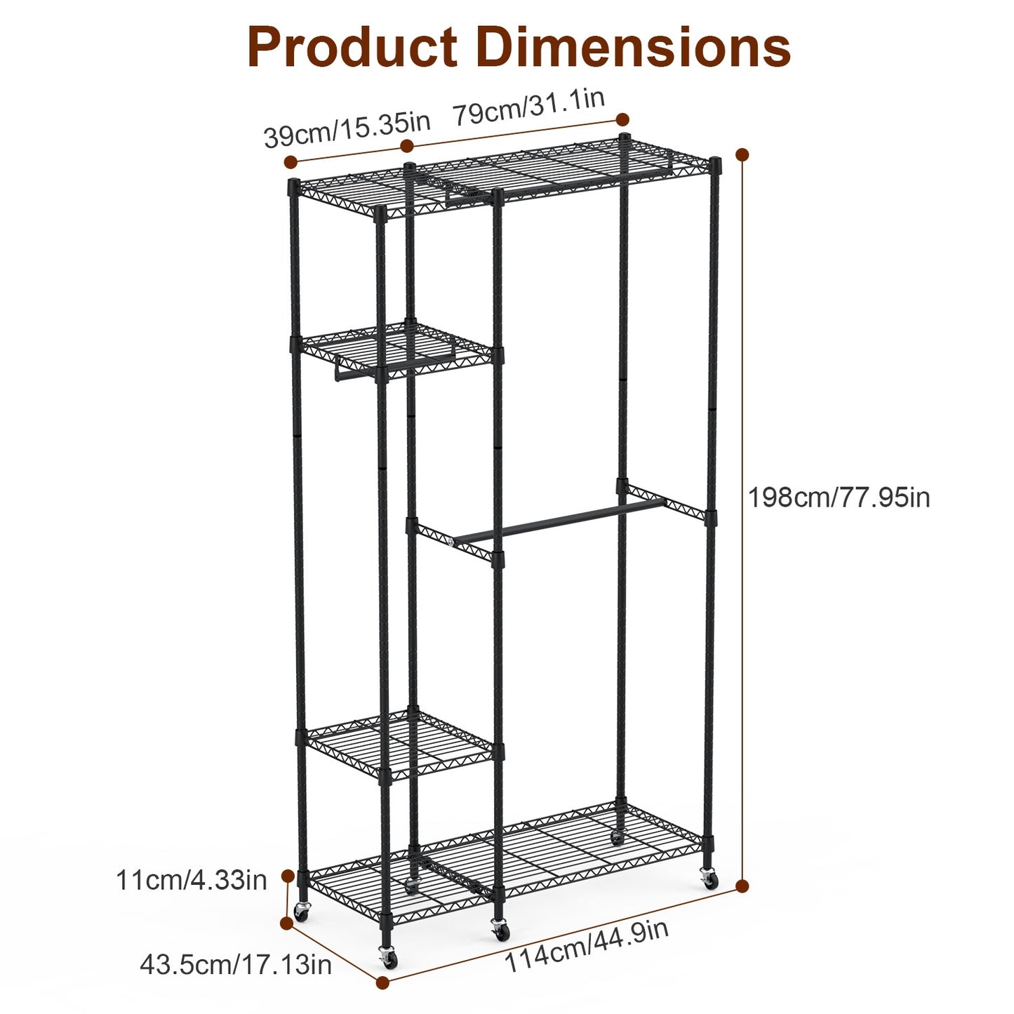 US Local 1Pc 4 Tier Heavy Duty Garment Rack With Wheels Carbon Steel Clothing Rack Portable Wardrobe Clothes Rack With 3 Hanging Rods 6 Footrests 44.9x17.13x77.95in