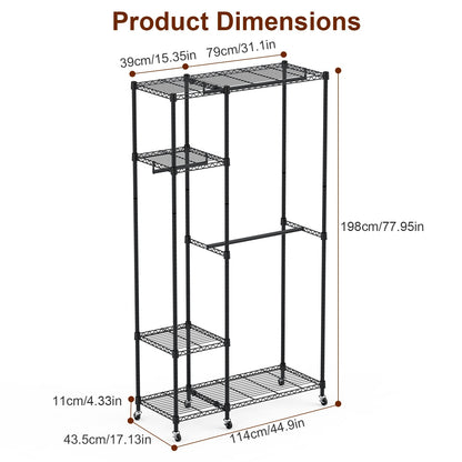 US Local 1Pc 4 Tier Heavy Duty Garment Rack With Wheels Carbon Steel Clothing Rack Portable Wardrobe Clothes Rack With 3 Hanging Rods 6 Footrests 44.9x17.13x77.95in