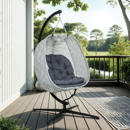 UK Local Outsunny Hanging Egg Chair Outdoor Indoor Garden Swing Chair With Folding Basket, Garden Hanging Chair With Stand, Thickened Cushion, Cup Holder For Patio, Balcony