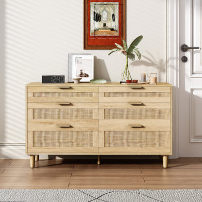 US Local Rattan Dresser With Drawers, 6 Drawer Dresser For Bedroom, Clothes Storage Cabinet For Bedroom, Metal Handle&Wood Legs For Hallway, Living Room, Bedroom,Natural
