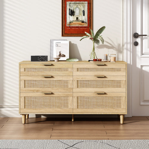 US Local Rattan Dresser With Drawers, 6 Drawer Dresser For Bedroom, Clothes Storage Cabinet For Bedroom, Metal Handle&Wood Legs For Hallway, Living Room, Bedroom,Natural