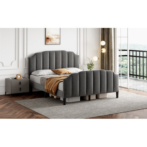 UK Local 4ft6 Double Upholstered Bed Frame With Adjustable Chic Channel-Tufted Headboard, Velvet Platform Bed Frame With Solid Wood Slat And Mute Foam, No Box Spring Needed, Easy Assembly, Grey No Mattress