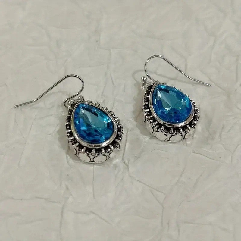 Retro Style Personalized Drop-shaped Blue Gem Inlaid Earrings