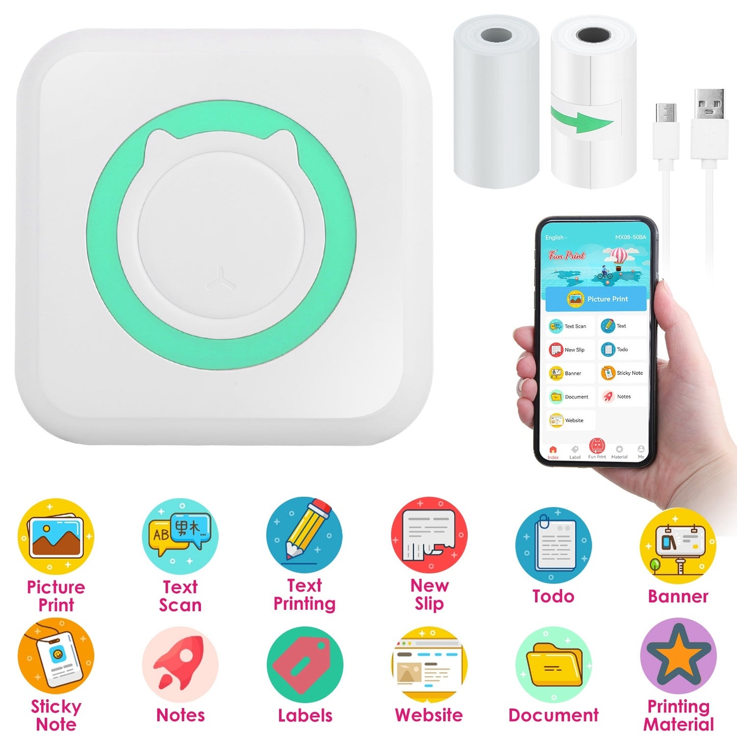 US Local Mini Printer - Printer Paper 'Options' -- Pocket Wireless Thermal Printer Portable Mini Sticker Maker Machine Rechargeable Inkless Photo Printer For Printing Label Journal Study Notes Memo Photos