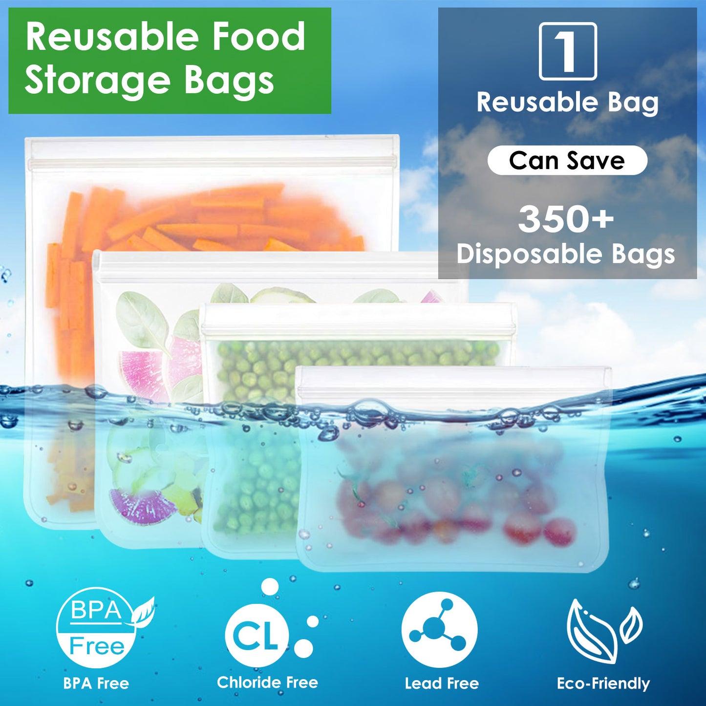 US Local 20Pcs Reusable Food Storage Bags 5 Sandwich Snack Gallon Quart Bag Leakproof BPA Free Food Container Freezer Safe Lunch Bag