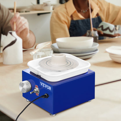 US Local VEVOR Mini Pottery Wheel, For Kids Or Beginners, 2 Turntables 2.6in 3.9in Ceramic Wheel Machine, Adjustable 0-300RPM Speed ABS Detachable Basin, 17 Pottery Accessories, Work Art Craft DIY, 30W, Blue